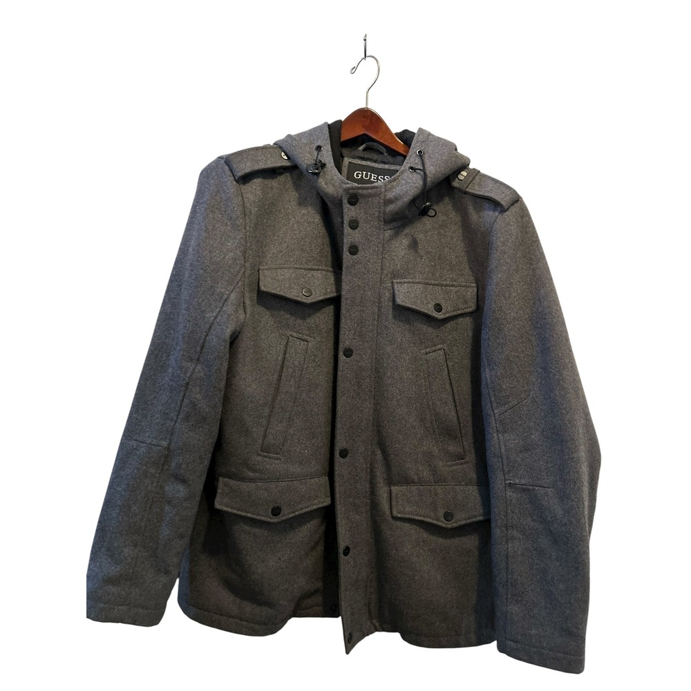 GUESS Gray Wool Blend Hooded Military Jacket‎ Coat Womens
